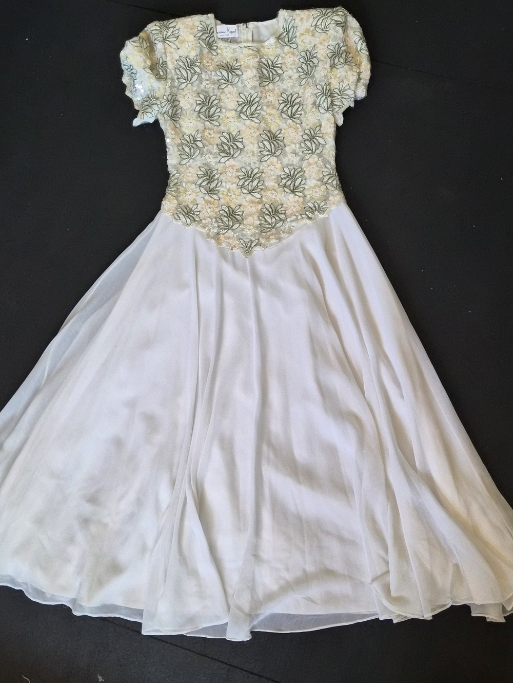 Laurence Kazar Beaded Sequins Short Sleeve 80s Drop Waist Modest Evening Gown